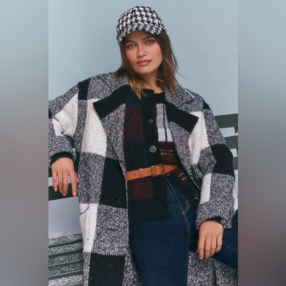 Pilcro Anthropologie Patterned Mackinaw Black & White Buffalo Plaid Sweater Coat